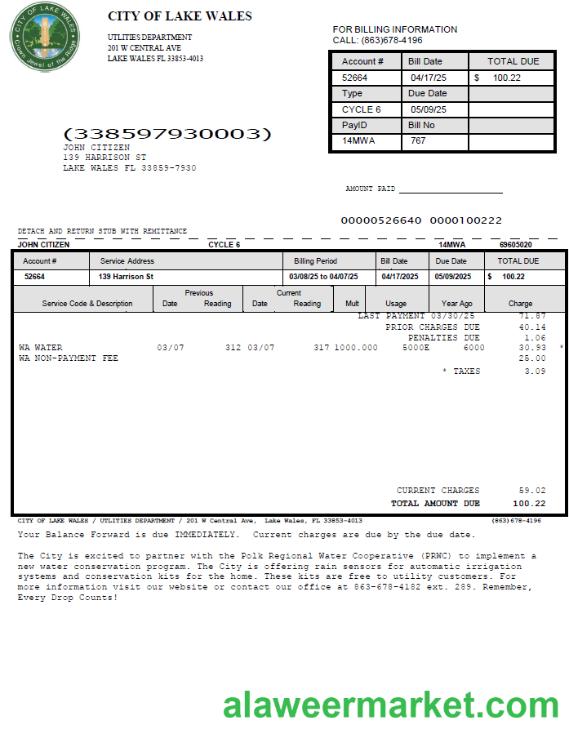 USA City of Lake Wales utility bill template in Word and PDF formats